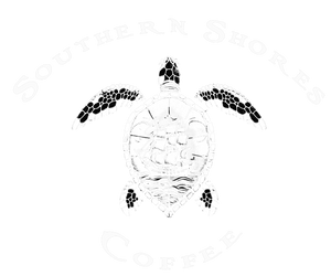 Southern Shores Coffee logo, logo consists of a turtle with a pirate ship on the shell.